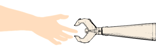 Main de robot (à droite) allant toucher une main d'humain (à gauche).