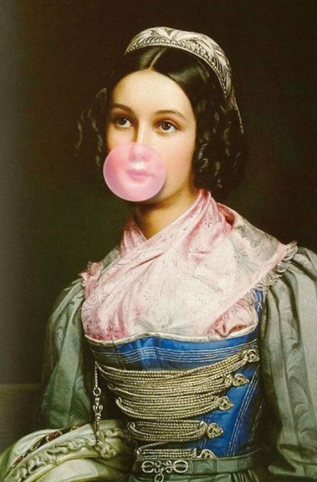 Affiche dame bulle chewing-gum dans l’esprit cottage british