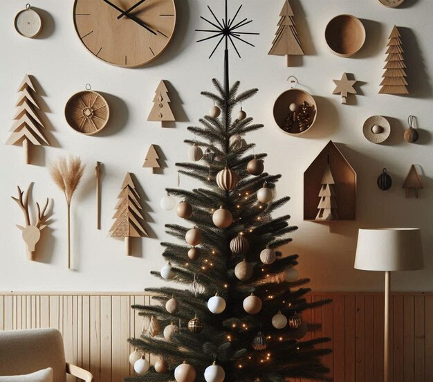 Sapin de Noël décoré avec objets en bois de Gaston sur le mur